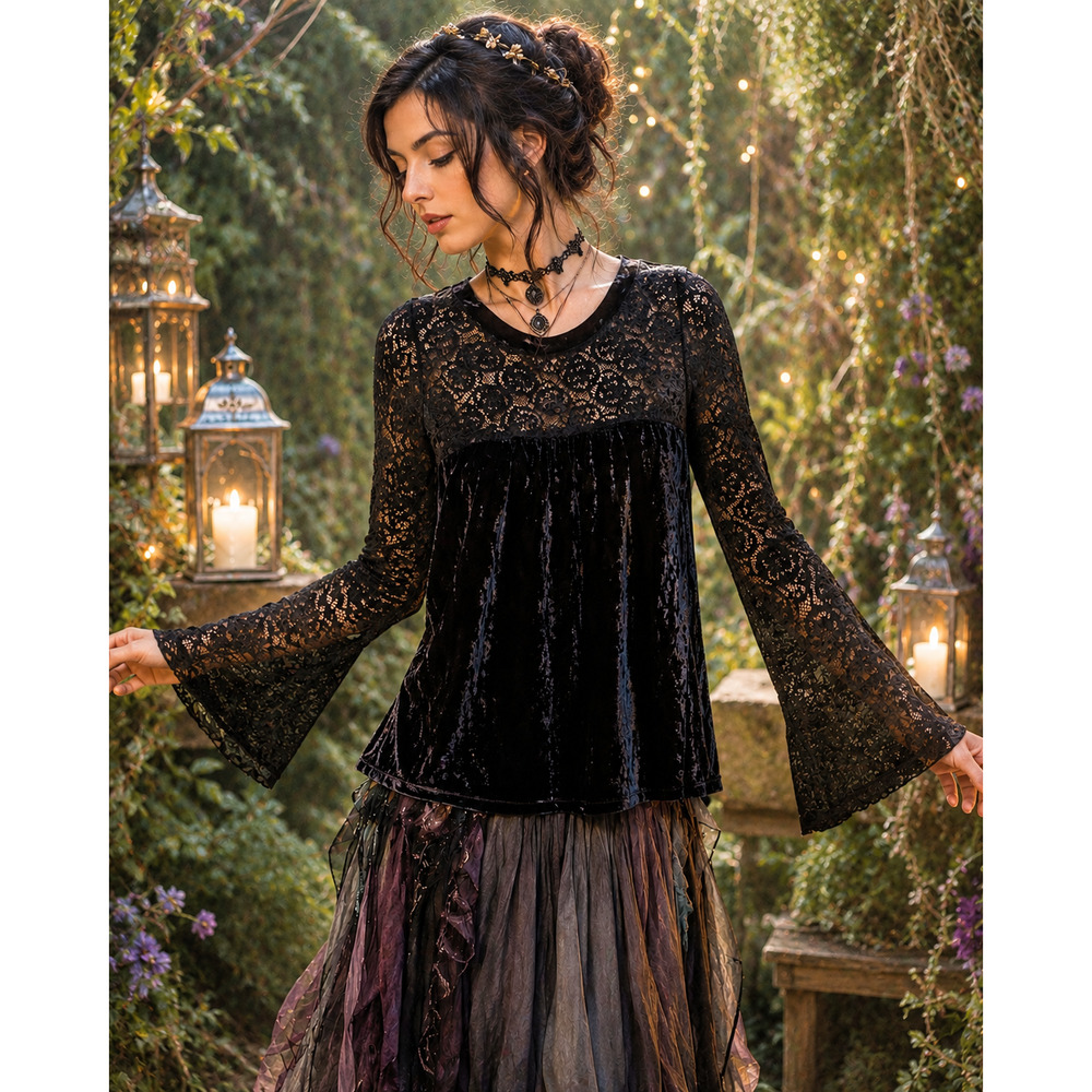Whimsical Dark Fairy Crushed Velvet  Goth Lace Top Bell Sleeve Gothic Fairycore